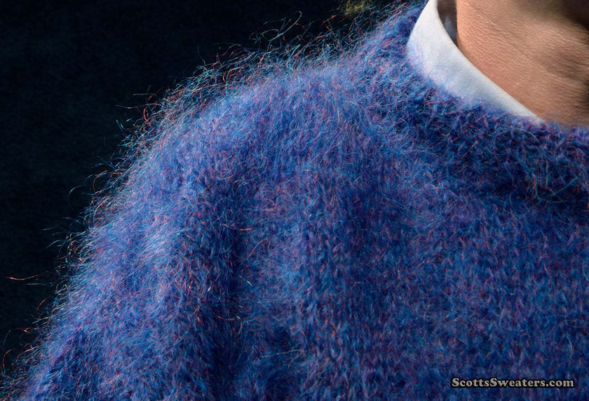 Men's navy-blue luxurious Scottish mohair crewneck sweater by Lairds of Scotland, medium size