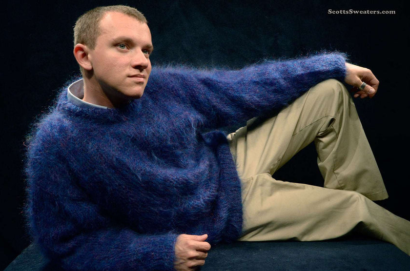 Men's navy-blue Scottish mohair crewneck sweater by Lairds of Scotland, medium size model reclining