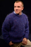 Men's navy-blue luxurious crewneck sweater knit from fine Scottish mohair by Lairds of Scotland