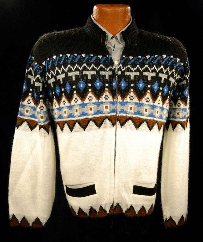 Men's retro zipper-front white cardigan sweater with Native American design and front pockets by Campus in size small