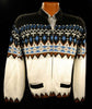 Men's retro zipper-front white cardigan sweater with Native American design and front pockets by Campus in size small