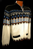 Men's retro zipper-front white cardigan sweater with Native American design and front pockets in size small