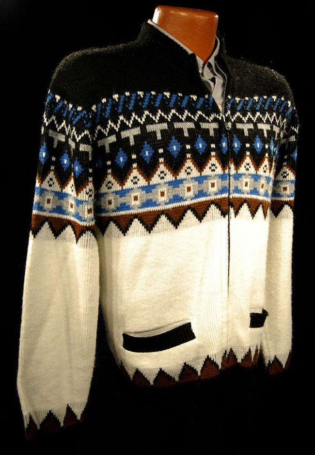 Men's retro zipper-front white cardigan sweater with Native American design and front pockets in size small