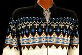 Men's Retro zipper-front white cardigan sweater with Native American design and front pockets by Campus in size small