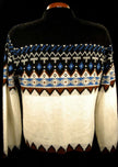 Men's retro zipper-front white cardigan sweater with Native American design and front pockets, size small
