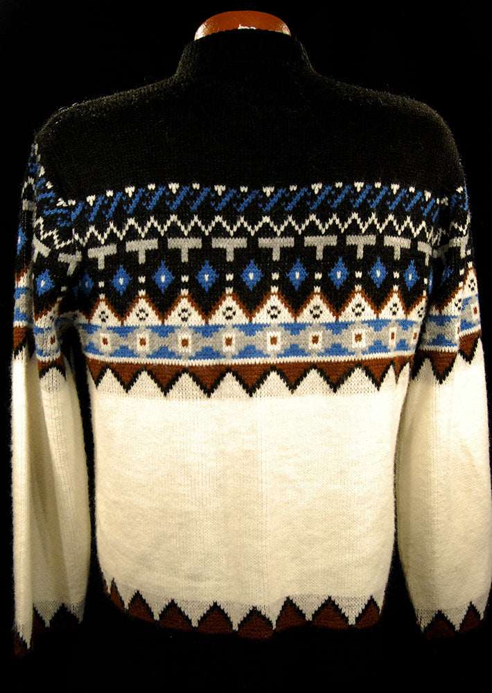 Men's retro zipper-front white cardigan sweater with Native American design and front pockets, size small