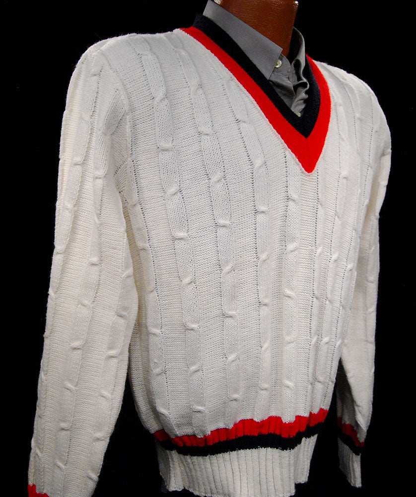 Classic V-neck retro cable-knit tennis sweater in medium size