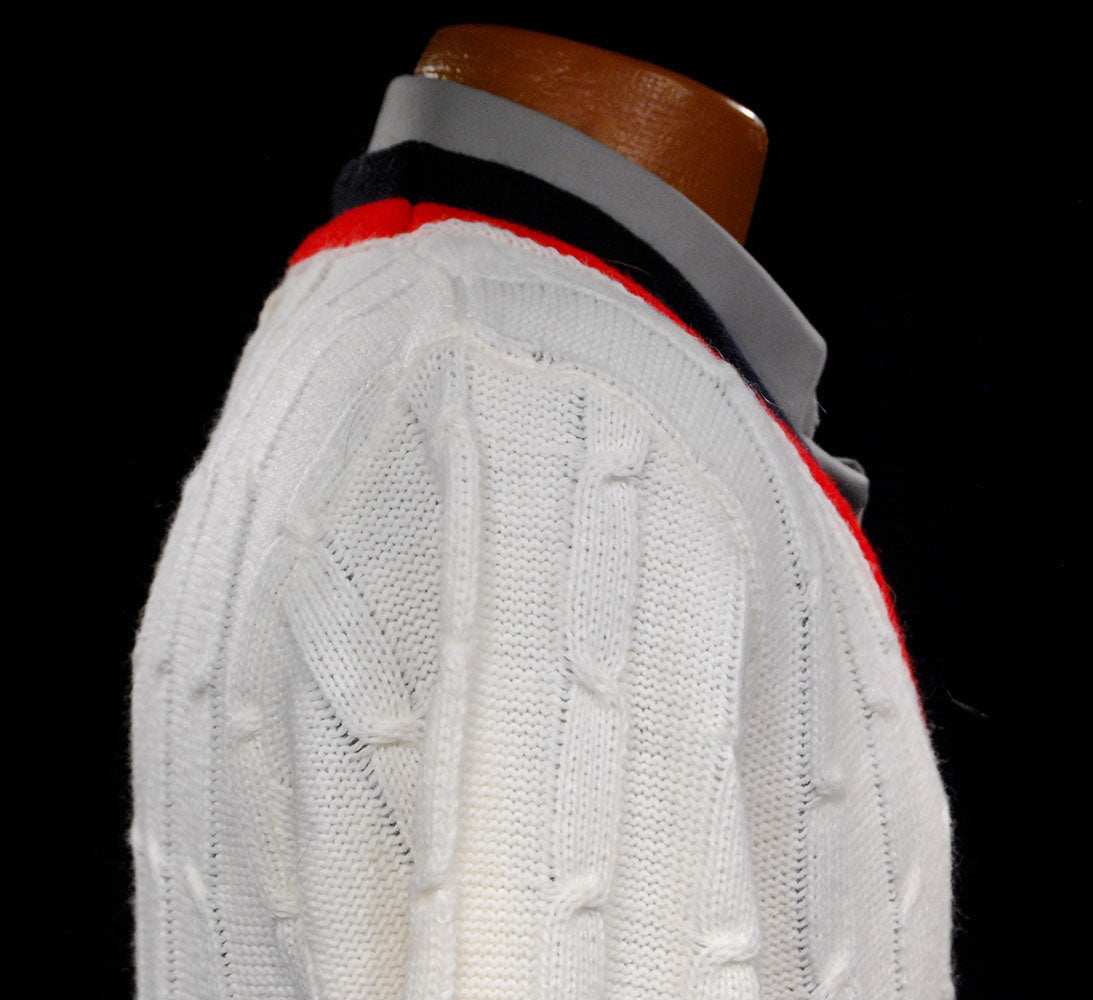 Classic retro cable-knit V-neck tennis sweater in medium size by Fargo
