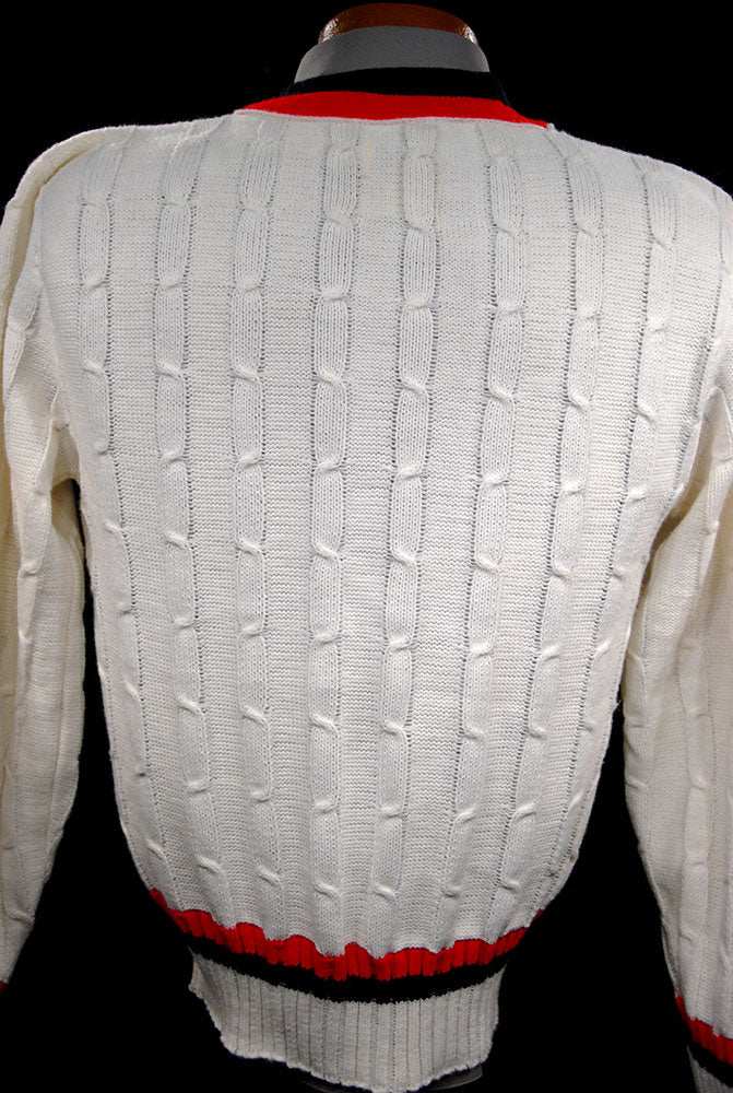 Classic retro cable-knit V-neck tennis sweater in medium size by Fargo