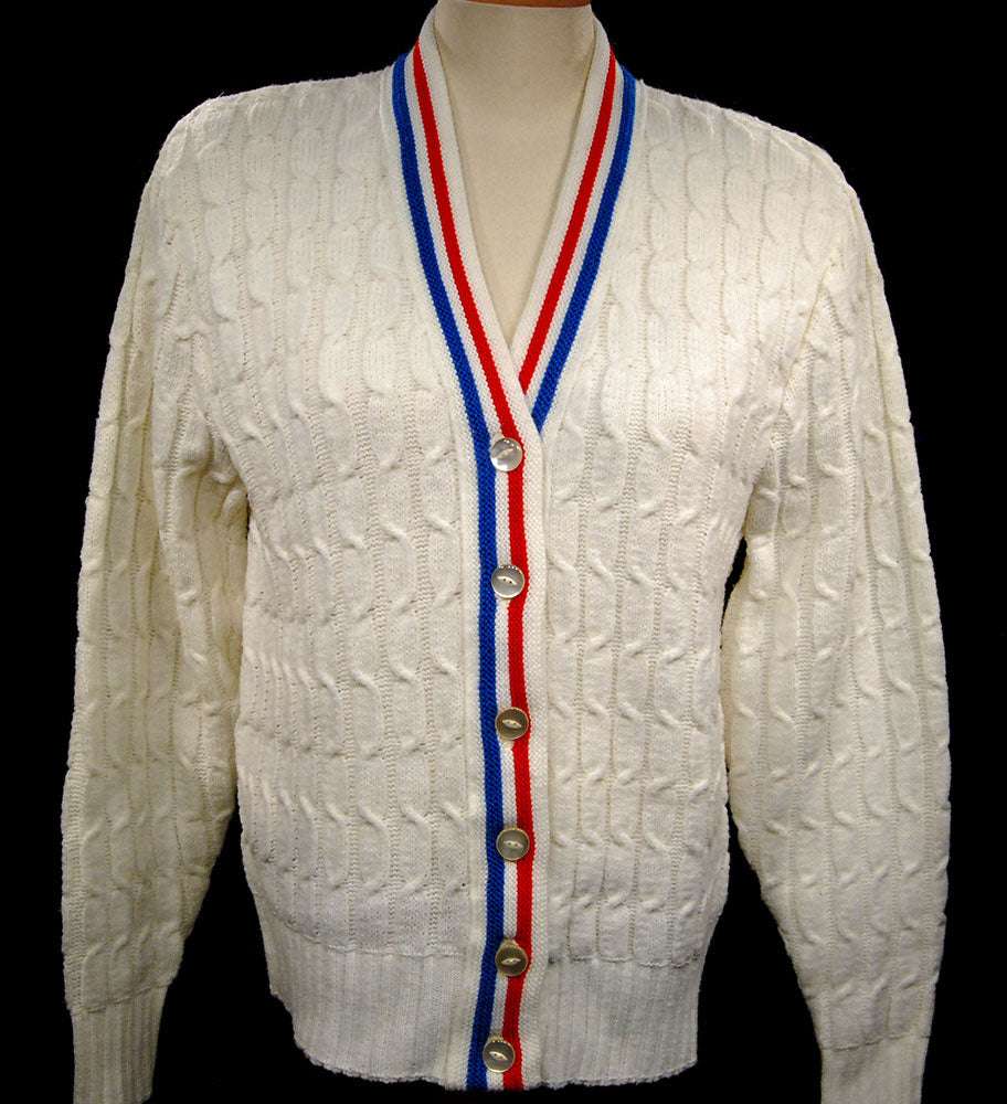 White cable-knit tennis sweater cardigan with red and blue trim stripes by Orlon Sayelle, women's retro style