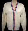 White cable-knit tennis sweater cardigan with red and blue trim stripes by Orlon Sayelle, women's retro style