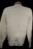 White retro cable-knit tennis sweater with red and blue trim stripes, women's cardigan by Orlon Sayelle, size small