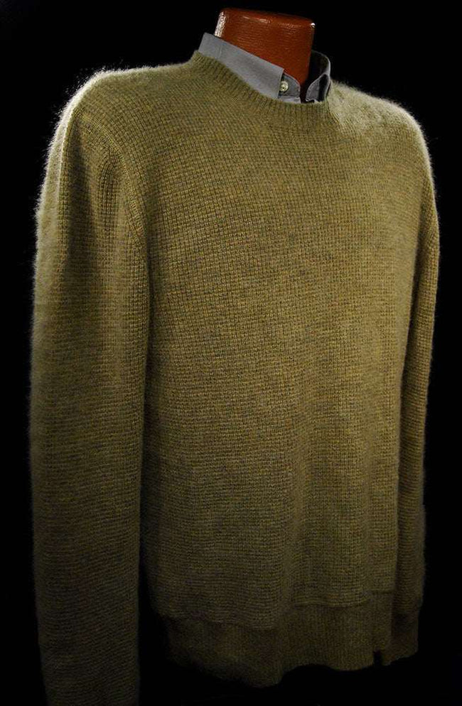 Heather-sage green men's cashmere crewneck sweater by Gene Meyer, medium size 44-inch chest, 100% cashmere pullover.