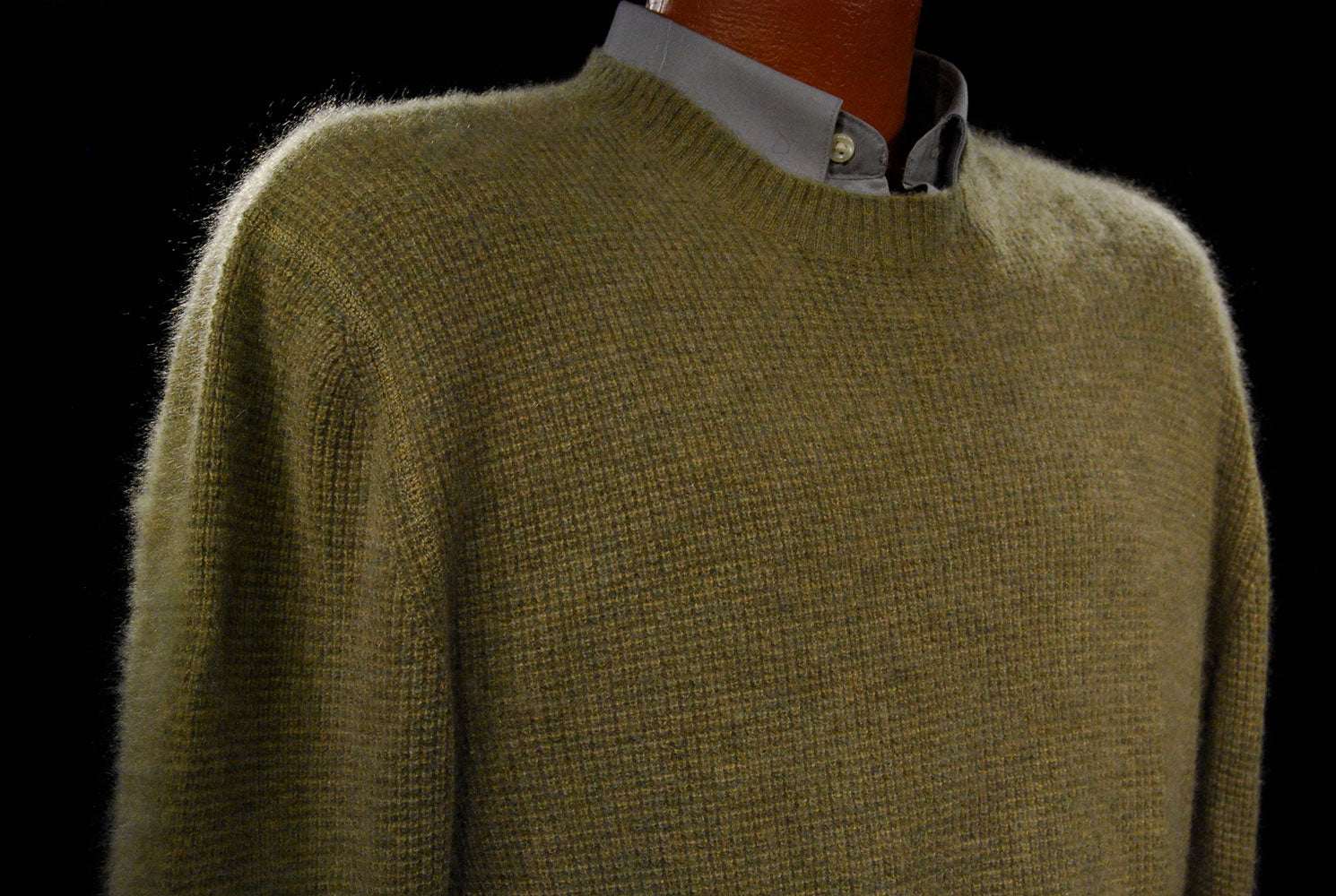 Heather-sage green men's cashmere crewneck sweater by Gene Meyer, medium size with 44