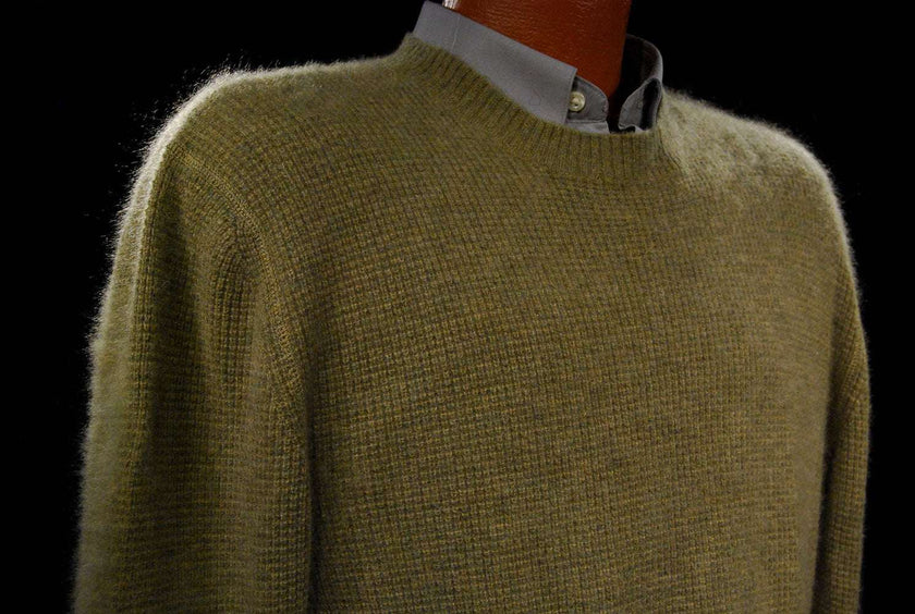 Heather-sage green men's cashmere crewneck sweater by Gene Meyer, medium size with 44