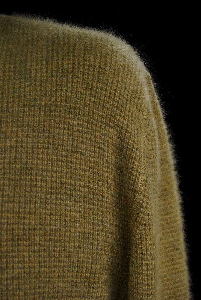 Heather-sage green men's cashmere crewneck sweater by Gene Meyer, medium size 44, fair-grade fiber pullover