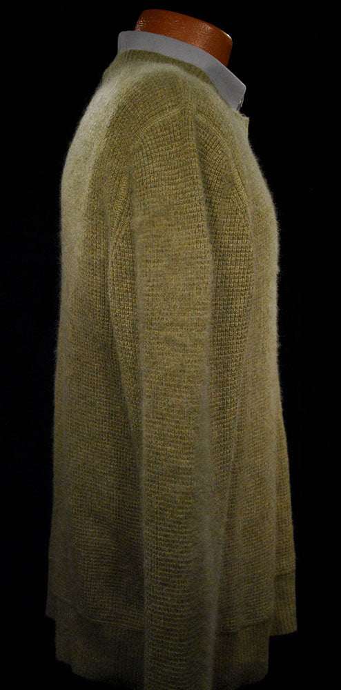 Heather-sage green men's cashmere crewneck sweater by Gene Meyer, size medium, 100% cashmere pullover