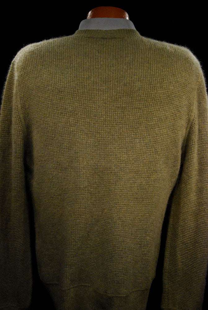 Heather-sage green men's cashmere crewneck sweater by Gene Meyer, size medium, 100% cashmere pullover