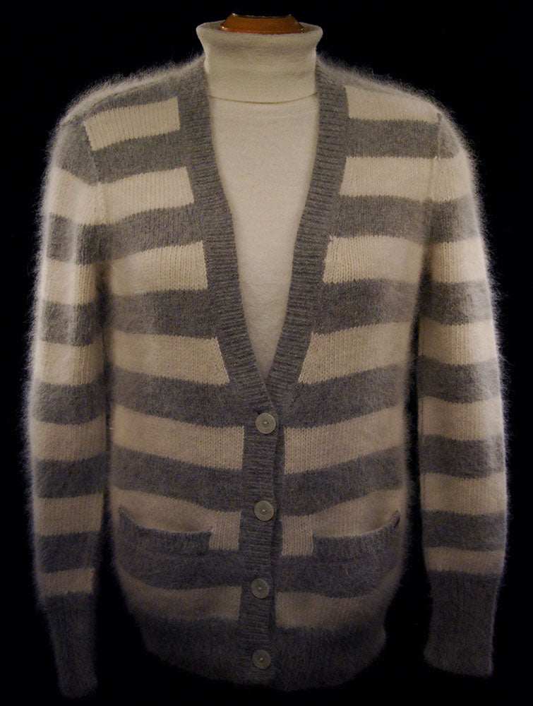 Woman's grey and white striped angora cardigan sweater with front pockets by Victoria's Secret PINK