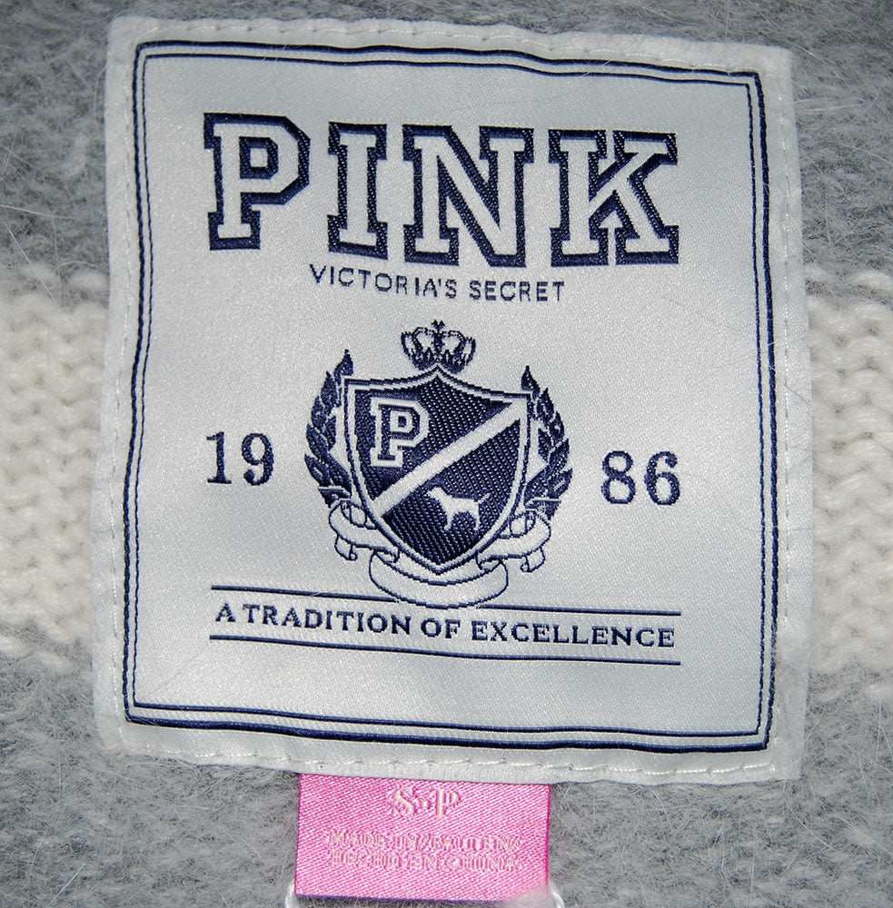 Woman's grey and white striped angora cardigan sweater with front pockets by Victoria's Secret PINK