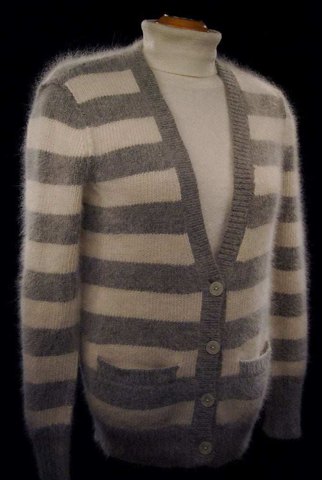Woman's grey and white striped angora cardigan sweater with pockets by Victoria's Secret PINK