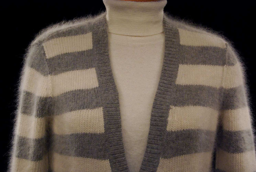 Woman's grey and white striped angora cardigan sweater with front pockets by Victoria's Secret PINK
