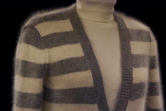 Woman's grey and white striped angora cardigan sweater with front pockets by Victoria's Secret PINK