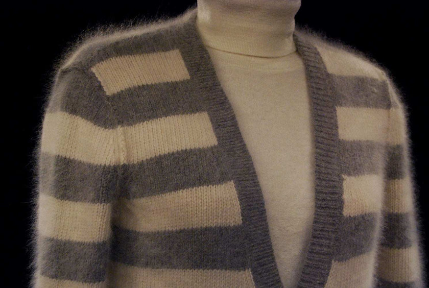 Woman's grey and white striped angora cardigan sweater with front pockets by Victoria's Secret PINK