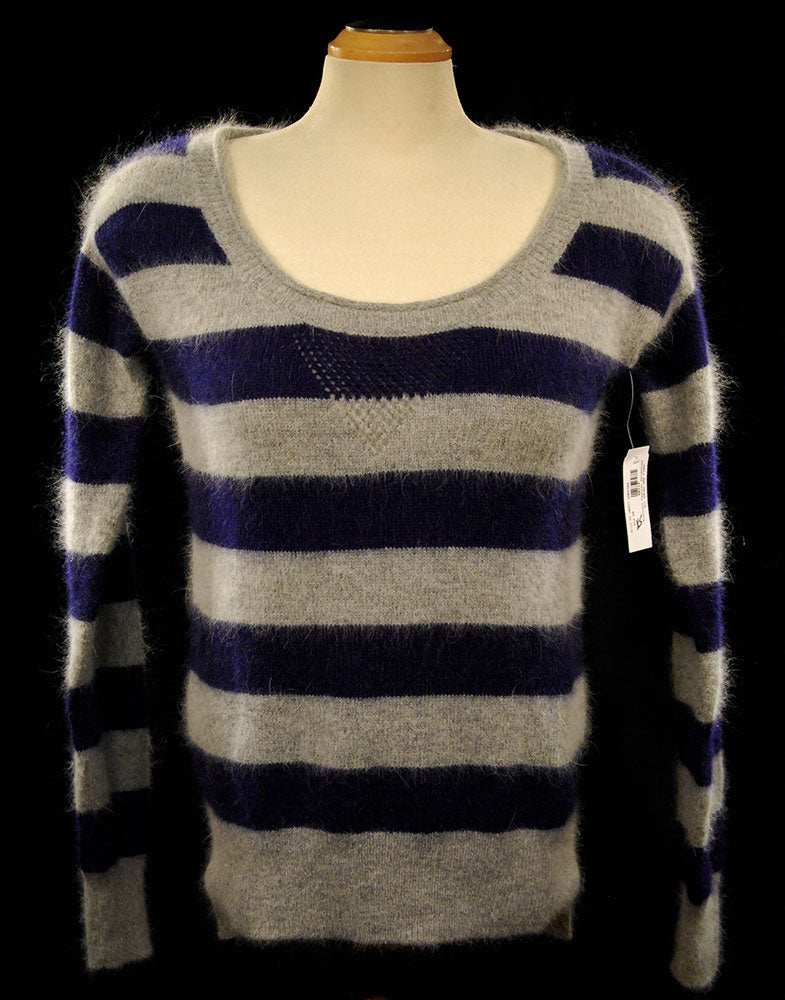 Woman's blue and grey striped angora scoop-neck sweater by Victoria's Secret in X-Small size