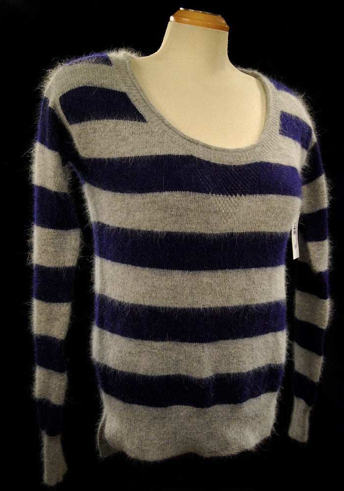 Woman's blue and grey striped scoop-neck angora sweater by Victoria's Secret in size X-Small