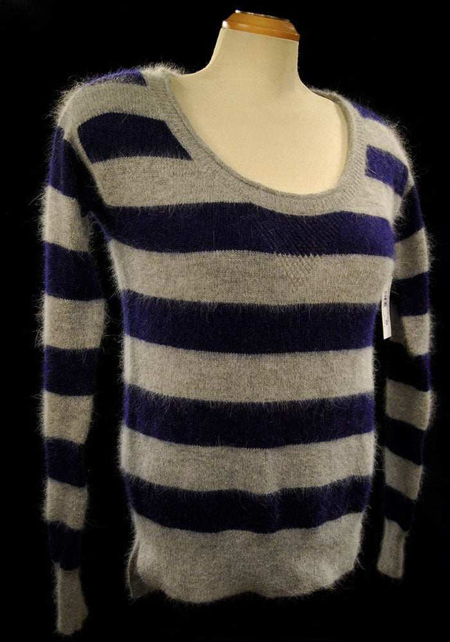Woman's blue and grey striped scoop-neck angora sweater by Victoria's Secret in size X-Small