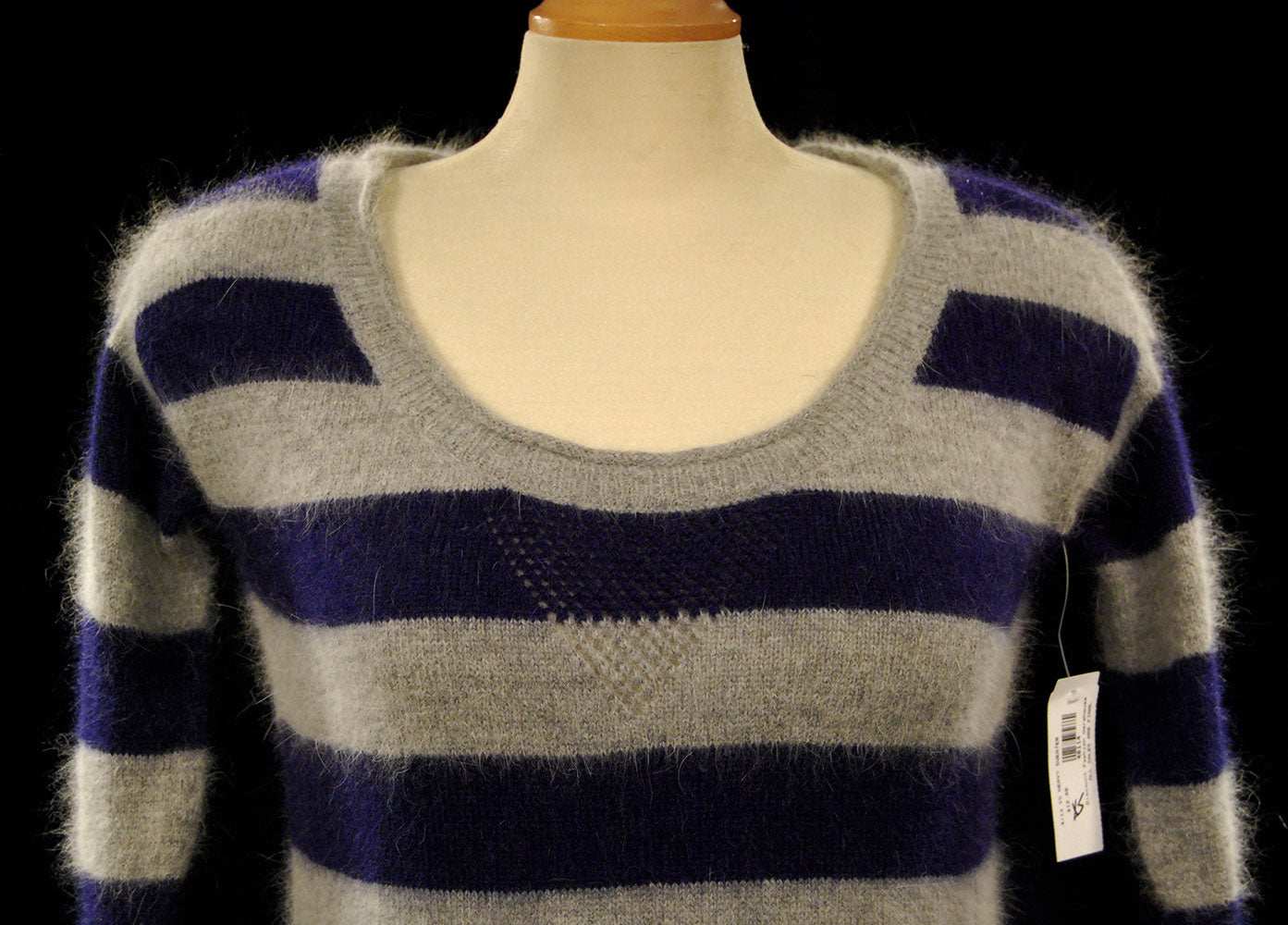 Woman's blue and grey striped angora scoop-neck sweater by Victoria's Secret in X-Small size