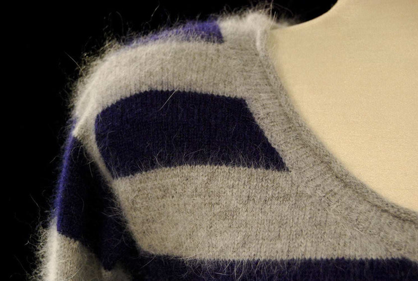 Woman's blue and grey striped angora scoop-neck sweater by Victoria's Secret in extra small size