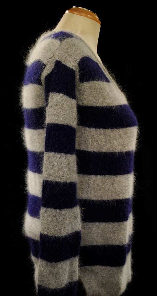 Woman's blue and grey striped scoop-neck angora sweater by Victoria's Secret in XS size