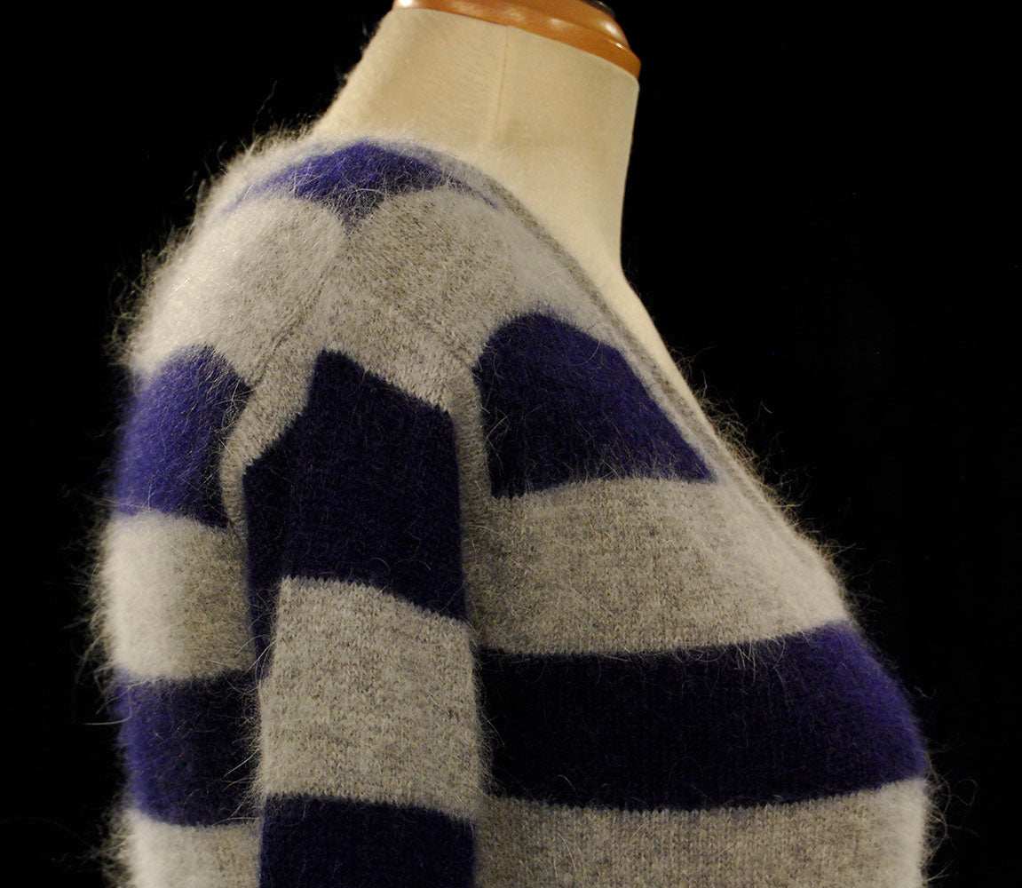Woman's blue and grey striped angora scoop-neck sweater by Victoria's Secret in X-Small size