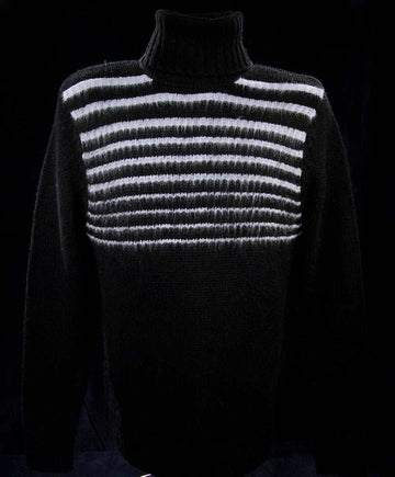 Men's soft black turtleneck lambswool and angora sweater with white horizontal stripes