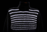 Men's soft black turtleneck sweater with narrow white horizontal angora stripes made of lambswool and angora blend
