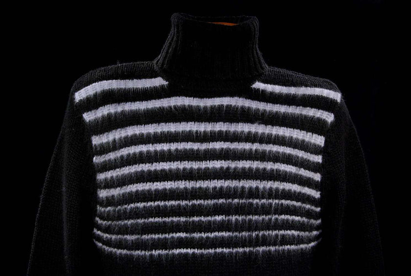 Men's soft black turtleneck sweater with narrow white horizontal angora stripes made of lambswool and angora blend