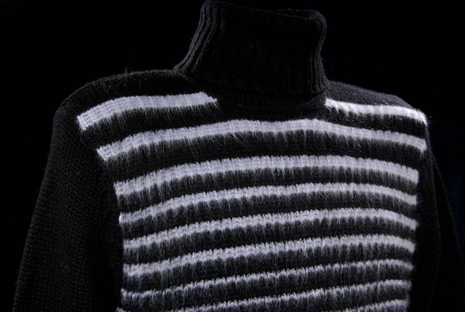 Men's soft black turtleneck sweater with white horizontal angora stripes made of lambswool blend