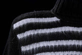 Men's soft black turtleneck sweater with white horizontal angora stripes and fuzzy lambswool texture