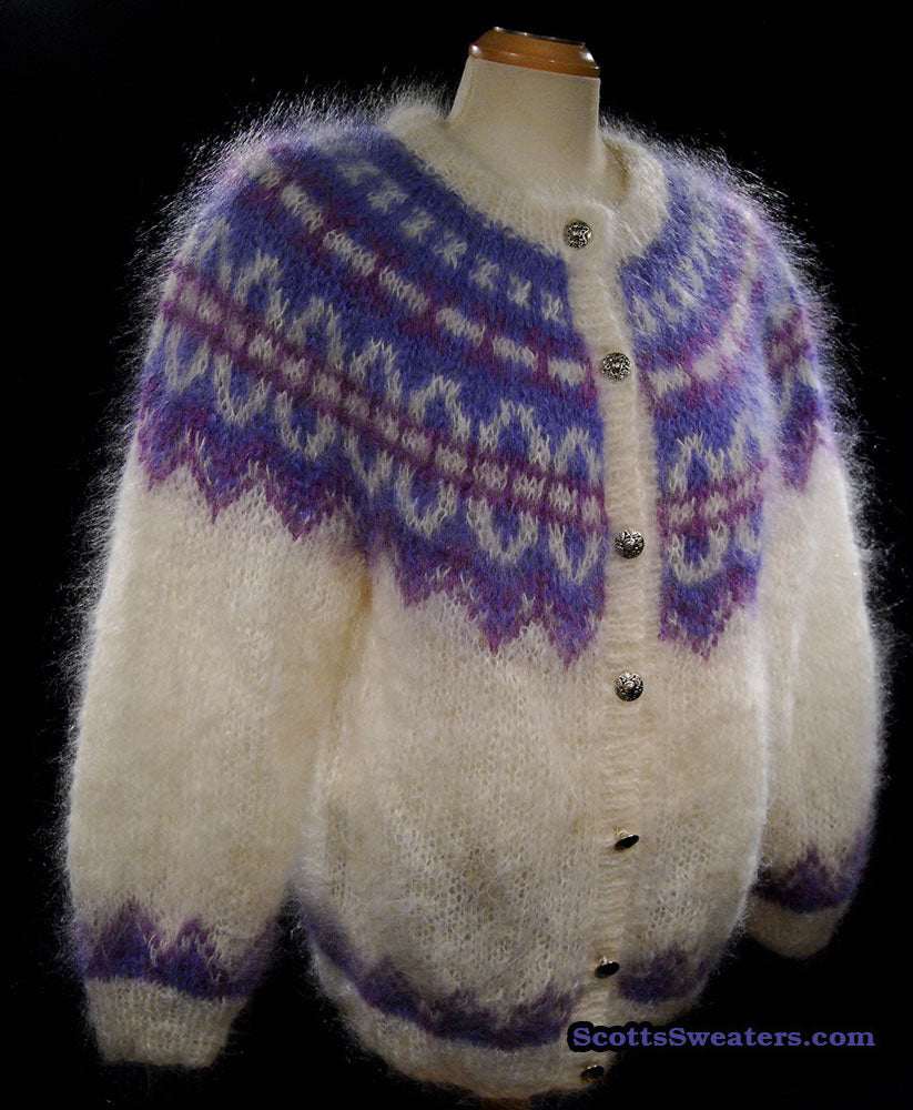 Colorful woman's mohair cardigan sweater with metal buttons and Icelandic design pattern