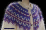 Colorful woman's mohair cardigan sweater with metal buttons and Icelandic design pattern