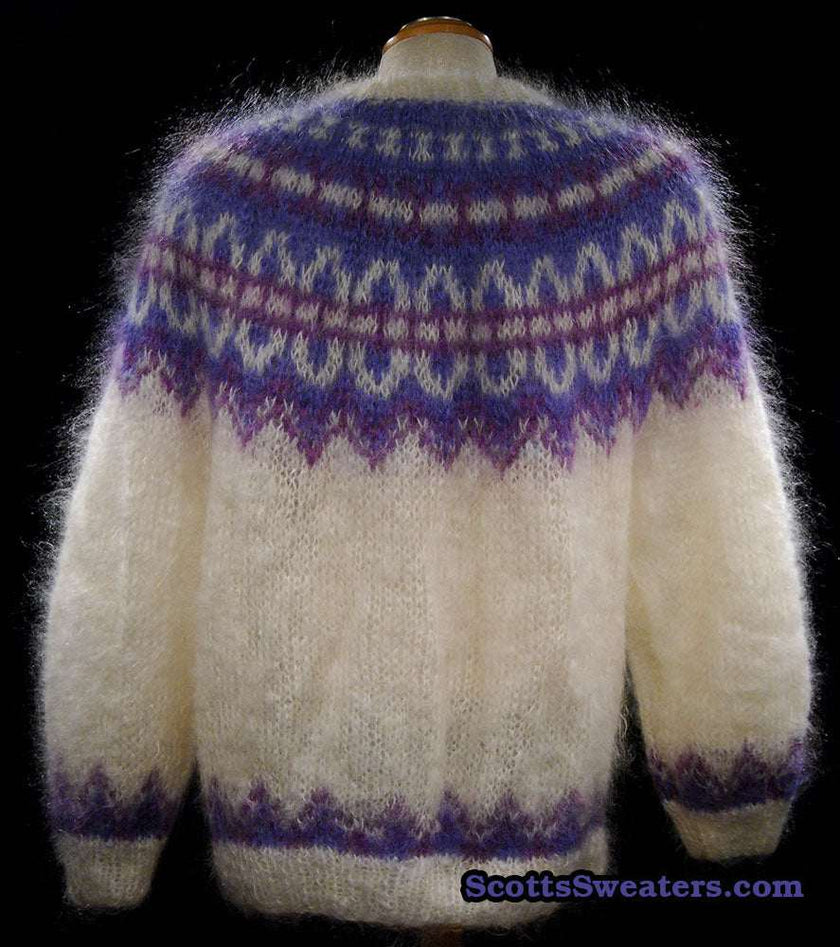 Colorful woman's mohair cardigan sweater with traditional Icelandic pattern and metal buttons, pre-owned.