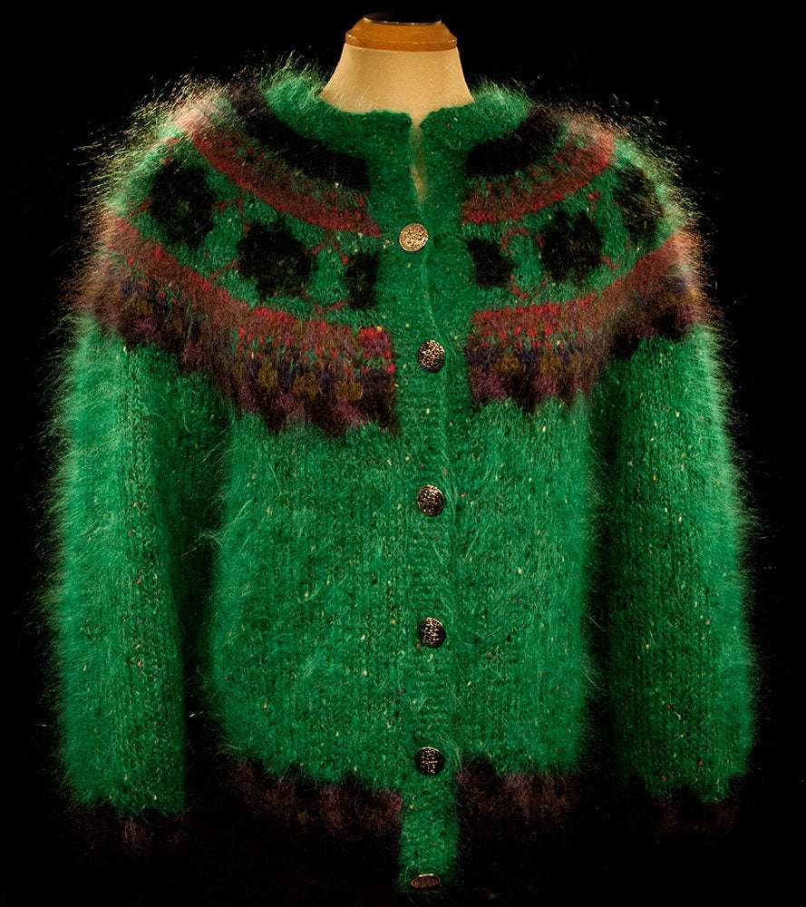 Colorful green woman's mohair cardigan sweater with metal buttons and nylon lining by Icelandic design