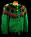 Colorful woman's green mohair cardigan sweater with metal buttons and Icelandic design