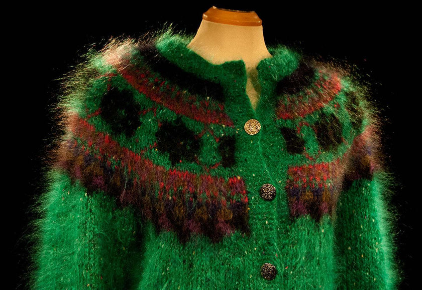 Colorful woman's mohair cardigan sweater with metal buttons and nylon lining, Icelandic design pre-owned green cardigan