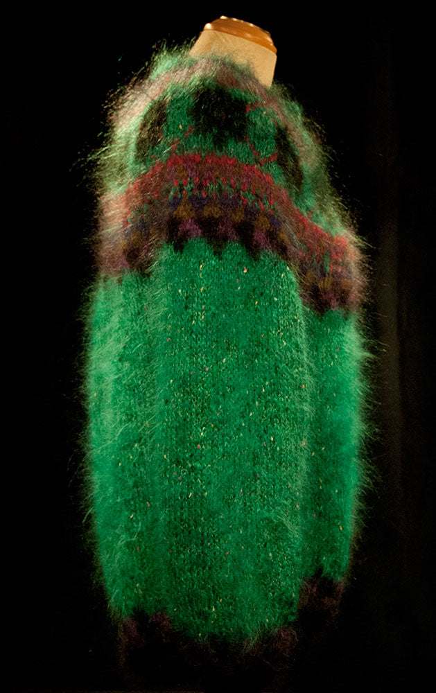Colorful woman's Icelandic design green mohair cardigan sweater with metal buttons and nylon lining