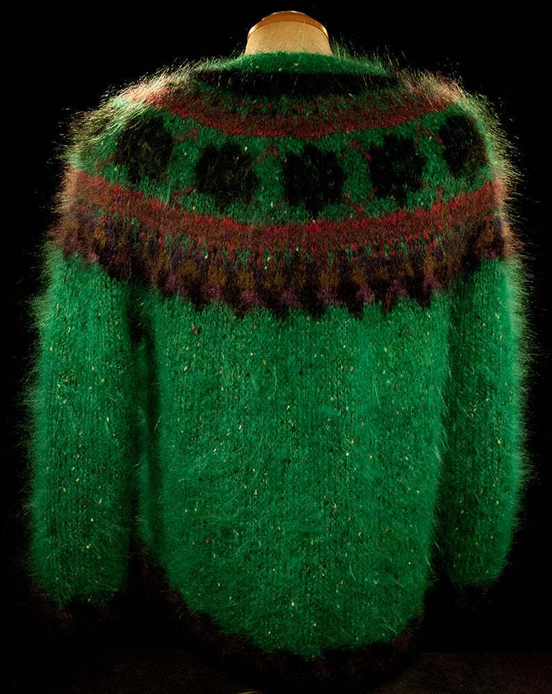 Colorful woman’s mohair cardigan sweater with Icelandic design and green pattern