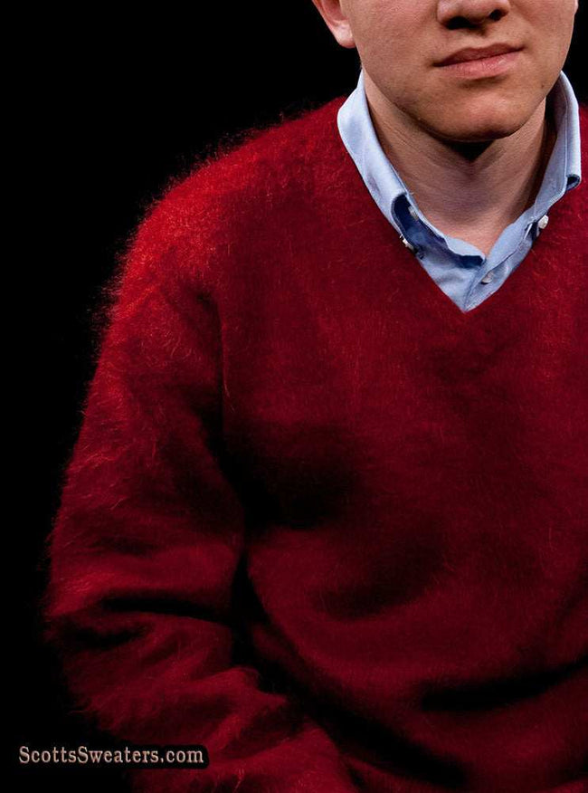 Burgundy red retro classic mohair V-neck sweater by Lazarus medium size