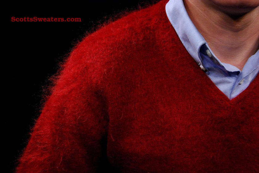 Red retro classic burgundy mohair V-neck sweater by Lazarus medium size